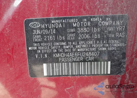 2015 Hyundai Elantra Se z USA, uszkodzony, nr VIN KMHDH4AE6FU248407